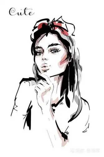 手绘美丽的年轻女子.时尚典雅的女孩肖像.时尚女人素描