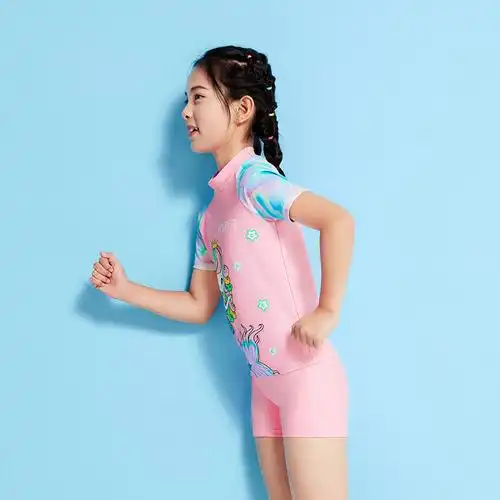英发女童泳衣分体短袖粉嫩人鱼图案休闲玩水儿童泳衣