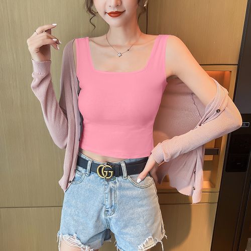 粉色方领小吊带背心女内搭美背短款露脐爆款网红设计感打底上衣夏