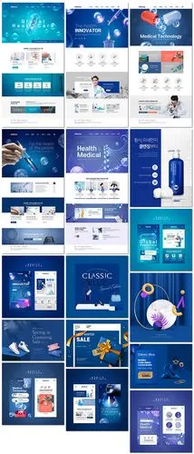 蓝色科技医疗科研购物鞋子服饰网站网页ui界面海报设计ps模板素材