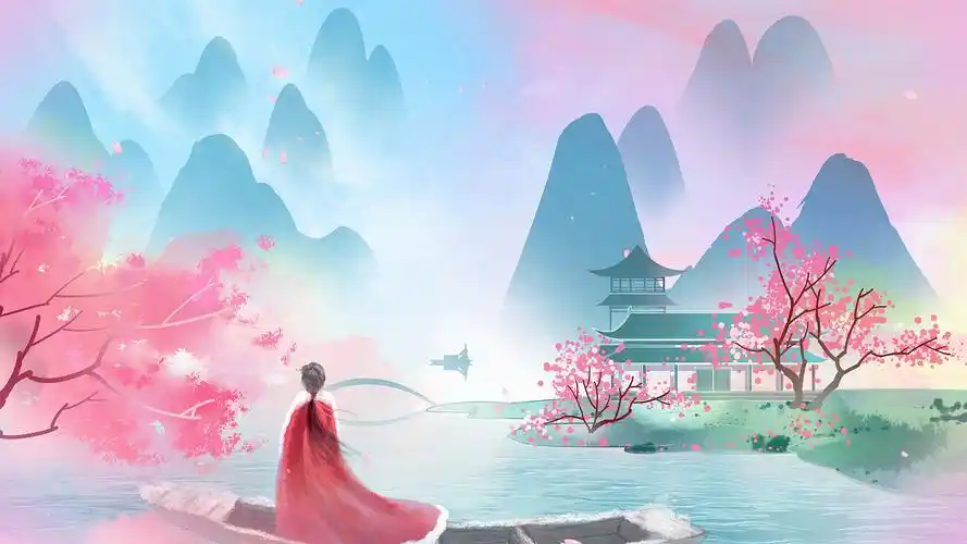 中国风古典舞蹈背景视频古典舞台背景视频4k4k清新蓝天白云粉色飘落