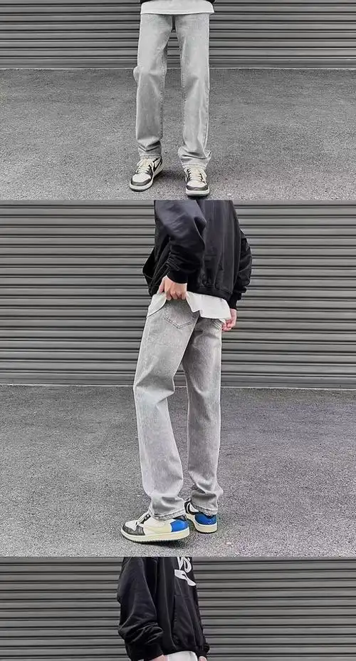 潮流水泥灰牛仔裤男款美式宽松春秋直筒裤子男休闲修身烟灰色做旧 - 1