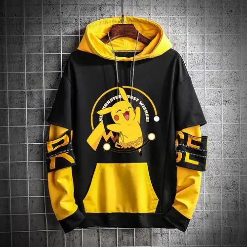 皮卡丘卫衣男潮流帅气假两件外套男初高中小学生春秋装卡通帽衫