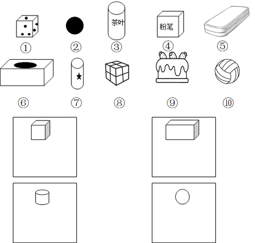 【推荐2】请把正方体,长方体,圆柱和球形状的物品的序号写在下面的框