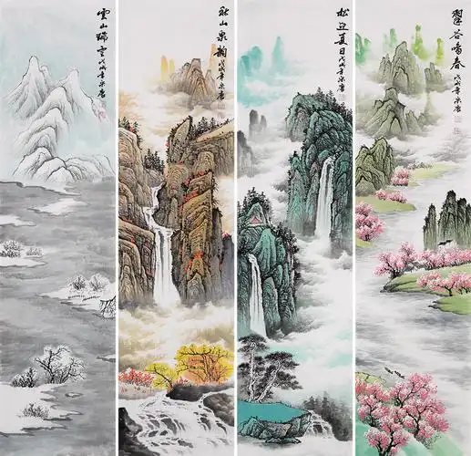 三:宋唐最新山水画四条屏《春夏秋冬》同样是四条屏山水画,这幅山水