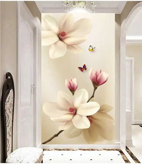 5d立体玄关墙纸走廊竖版3d墙布进门入户壁画8d过道壁纸家和玉兰花