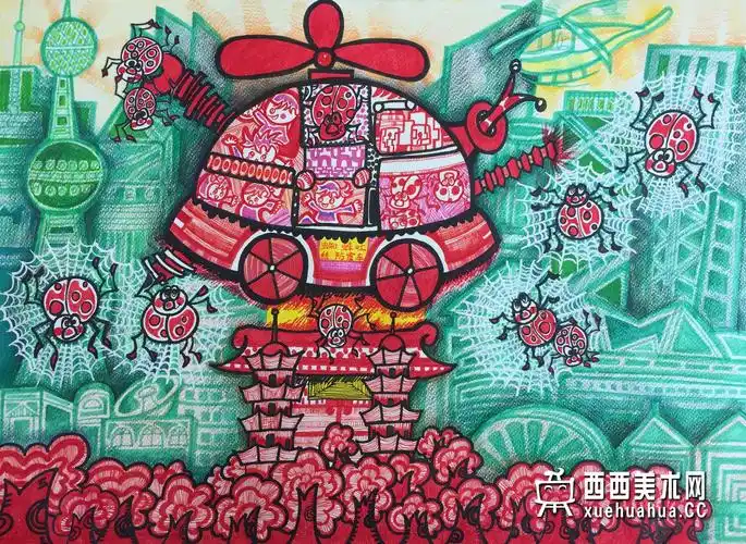 一等奖小学生获奖科幻画《蜘蛛吐丝防震车》赏析