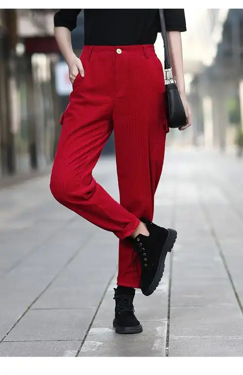 超火灯芯绒红色工装裤女春秋季2022新款条纹9分裤宽松显瘦休闲裤