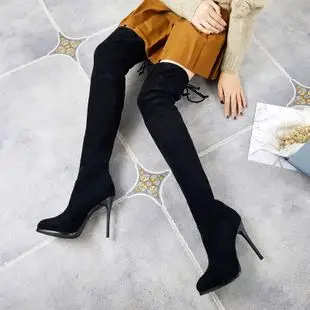 冬季新款防水台后系带大腿靴细跟蝴蝶结弹力显瘦长靴女尖头过膝靴