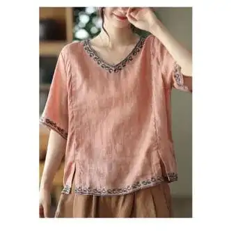 wvirtje棉麻女装亚麻高档上衣苎麻女品牌法国原单刺绣衬衫短袖小衫料