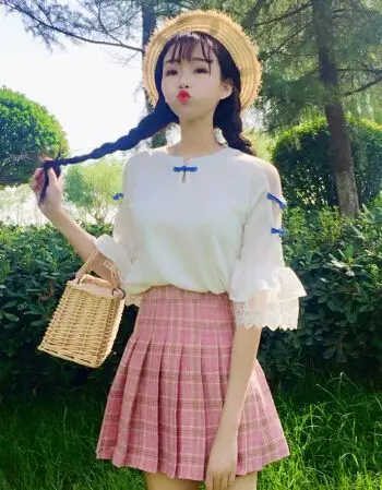 珂梵图初中女生夏装套装超短裙百折半身裙2018新款萌系夏天可爱女装