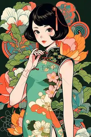 中式国潮手绘女生旗袍插画21