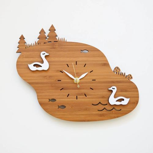 森林田园生态环保竹木天鹅湖挂钟艺术乡村木头动物时钟挂表墙壁钟