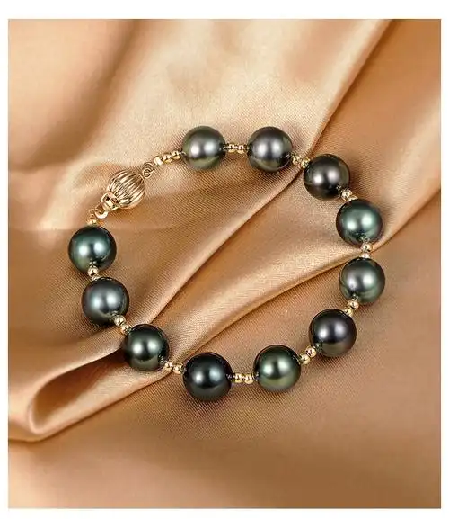 珍珠皇后 14k金扣9-10mm大溪地海水黑珍珠手串女正圆强光华丽手链-雅