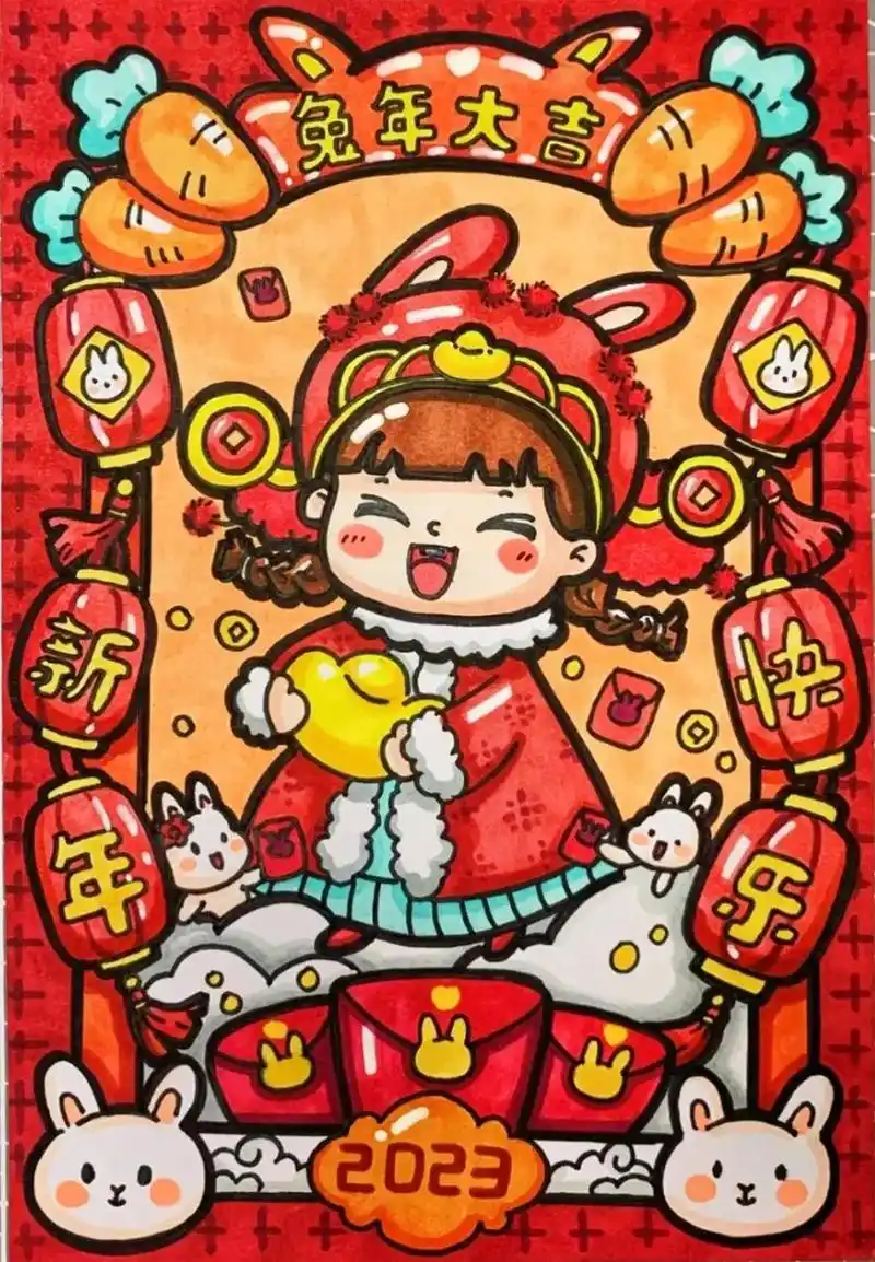 兔子新春节拜年主题创意儿童画插画舞狮子.#创作灵感 #新年主 - 抖音