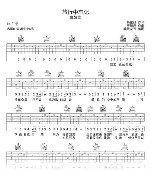 旅行中忘记吉他谱_袁娅维_c调弹唱六线谱2