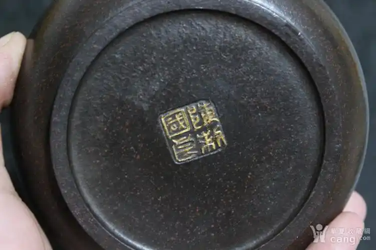 陈国良款宜兴老紫砂壶纯手工 黑砂鎏金荷塘月色图茶壶茶具