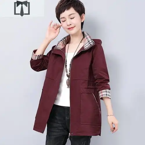 suntek中老年女装春装风衣外套女中长款连帽年轻妈妈春秋夹克衫上衣