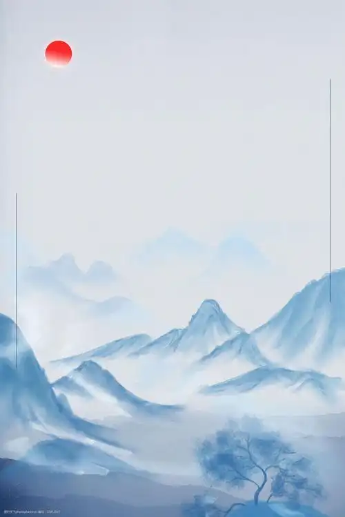 中国风红日山水水墨叠山背景