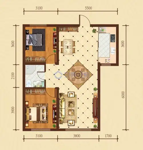 【方兴·山屿湖_包头方兴·山屿湖楼盘】二居室户型图|2室2厅1厨1卫建