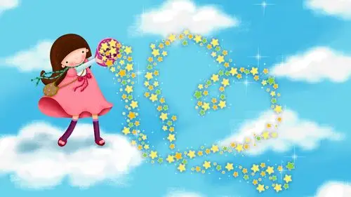 可爱的女孩倒出五彩星星 壁纸