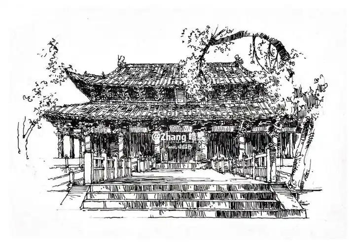 钢笔速写古建筑圣母庙正殿