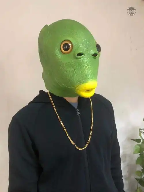 拇指哥绿鱼人头套万圣节面具搞笑沙雕鱼头怪怪人绿色奔波霸儿绿鱼人