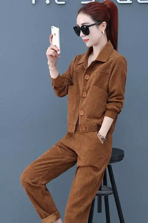 套装时尚套装女2020春秋新款韩版宽松显瘦灯芯绒两件套女装