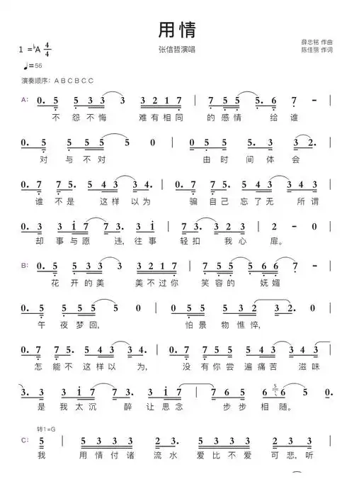 用情智能简谱张信哲演唱