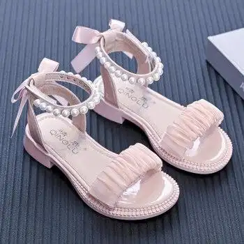 特步儿童凉鞋女小学生女童凉鞋2022夏季珍珠儿童蝴蝶结公主鞋小学粉色