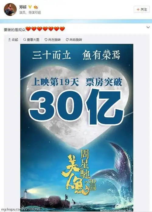 美人鱼票房过30亿 主演发微博庆祝 鱼有荣焉