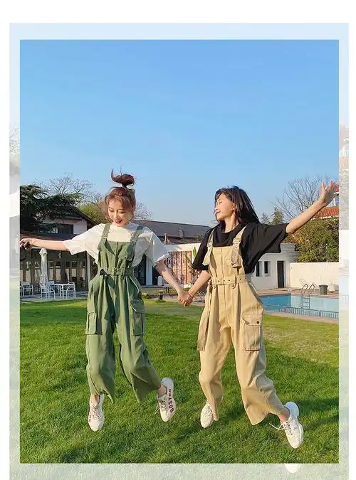 夏季网红闺蜜装套装裤女学生韩版短袖t恤 高腰背带直筒裤子两件套