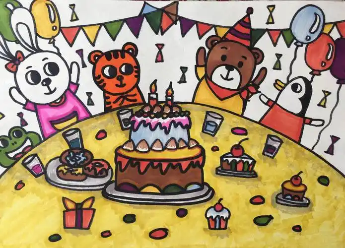《生日派对》儿童画《过生日-节日》儿童情景画生日快乐儿童画