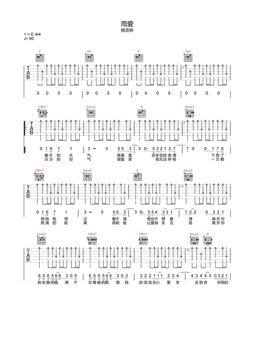 雨爱吉他谱-杨丞琳-c调原版吉他六线谱1