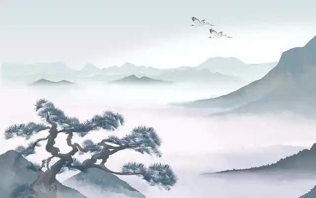 山水植物素材古风松树氛围意境风景古风松树插画绿色国潮中国风双11