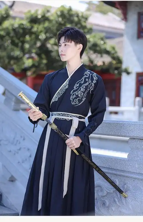 男生穿的汉服古风中国风青少年上衣下裙复古武侠风服装刺绣云纹套装