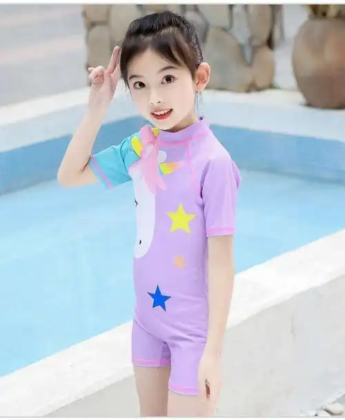 套装带帽子311岁儿童泳衣女童连体小童中大童大童泳衣女孩发育女童