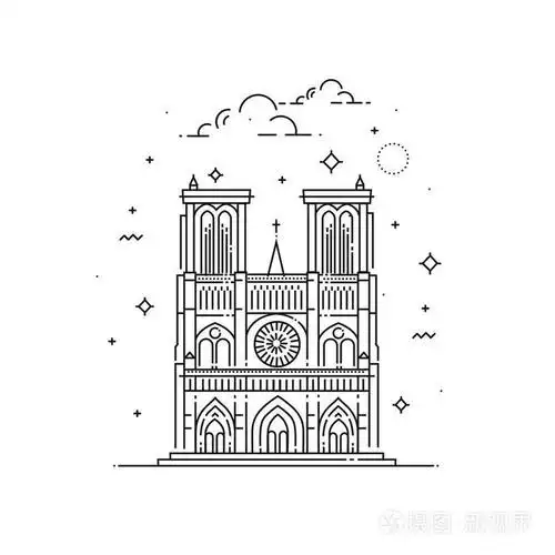 巴黎圣母院插图在大纲的风格.世界著名的地标,集合插画-正版商用图片0