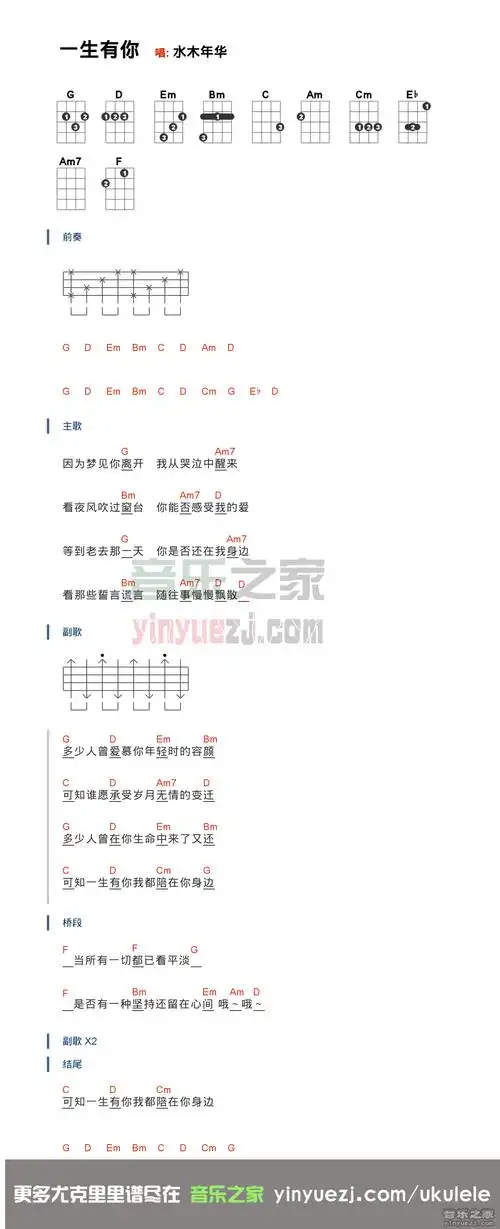 版本一 水木年华《一生有你》尤克里里弹唱谱