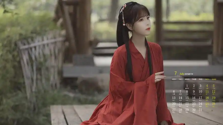 2020年7月红衣古风美女高清日历壁纸