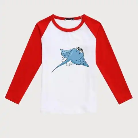 男童魔鬼鱼图案衣服 秋季儿童长袖t恤鲸鱼海洋动物童装红色班服