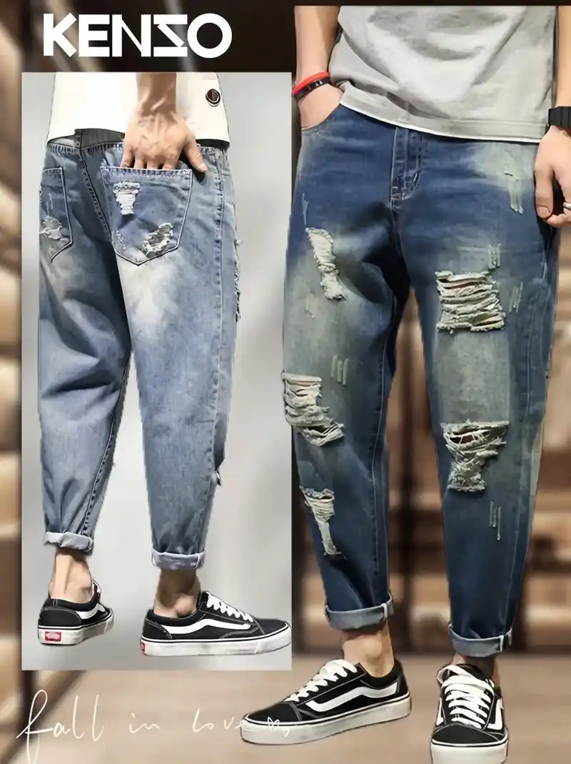 破洞牛仔裤男宽松九分夏天薄款胖子潮牌大码裤子乞丐萝卜裤#男士 - 抖