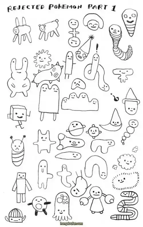 10张100手绘儿童卡通迷你小怪兽简笔画大全怪物虫子骷髅手势水晶