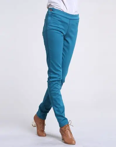 蓝绿色简约修身中腰牛仔长裤