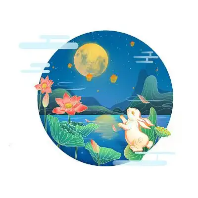 中秋节中秋月亮月饼花卉手绘兔子插画海报插画国潮风中秋节团圆月饼