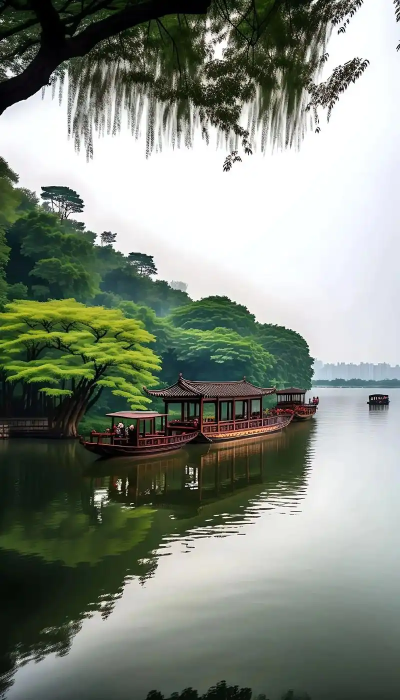 云外ai图文.杭州西湖夏日风景秀丽,湖面清澈,有古民居,湖心 - 抖音
