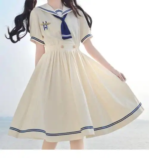 jk连衣裙水手服学院风去海边轻复古条纹盛夏服女中长裙jk裙修身显瘦