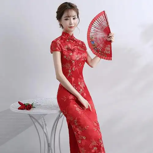 复古唐装红色长款修身旗袍货号ag0012