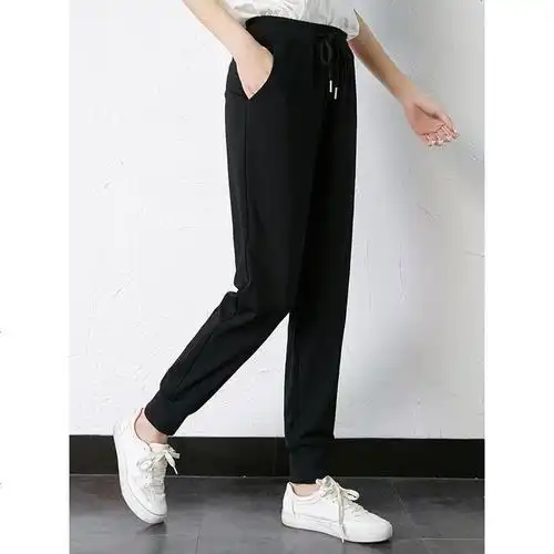 哈伦运动裤女薄款夏季九分黑色裤子束脚宽松显瘦大码胖mm休闲卫裤