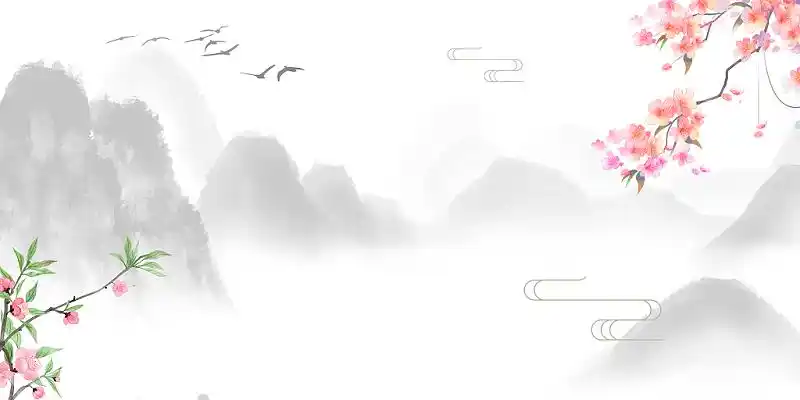 黑白古风桃花桃花枝飞鸟祥云线条古风展板背景古风背景